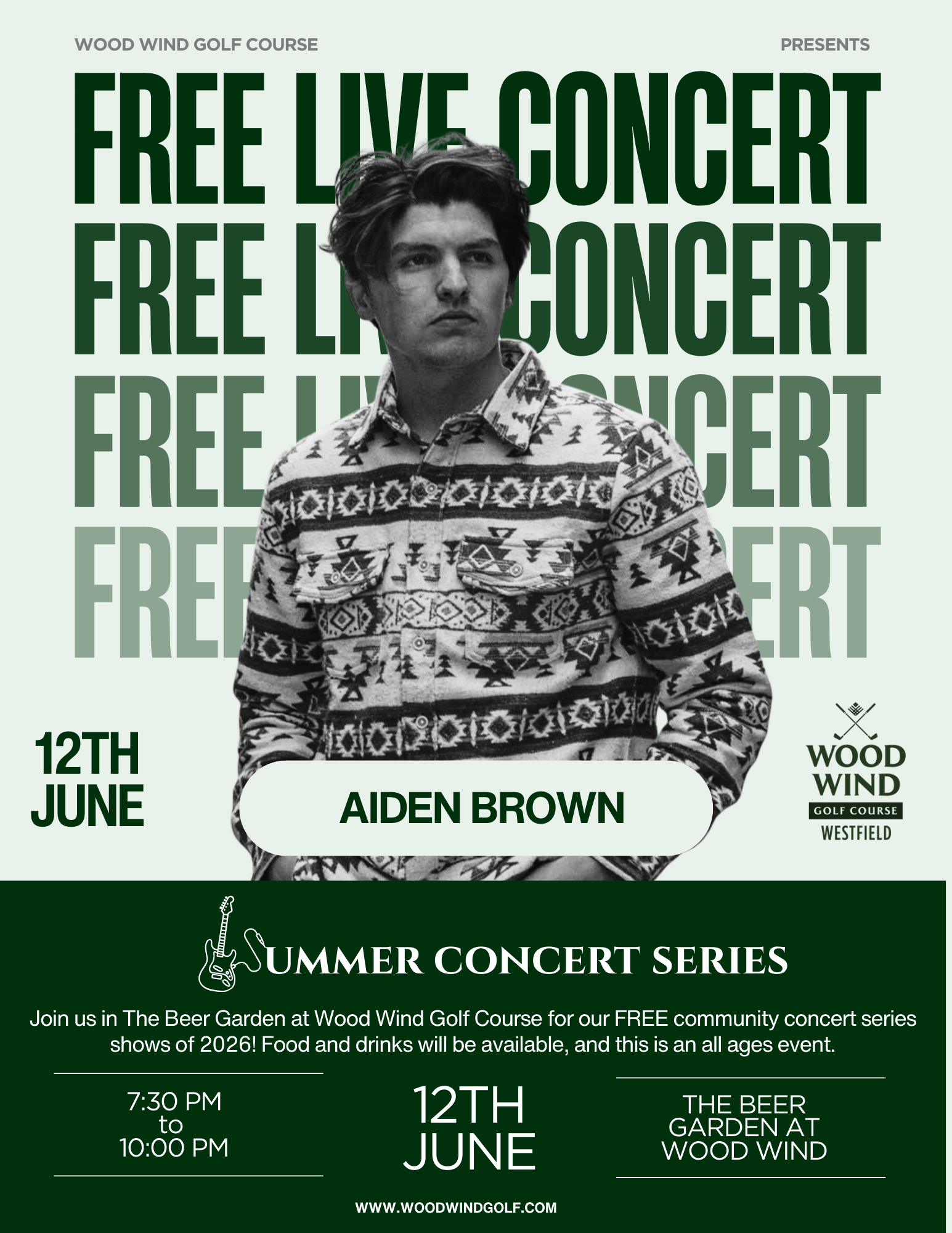Free Live Music Summer Concert Series in The Beer Garden at Wood Wind Golf Course featuring Aiden Brown