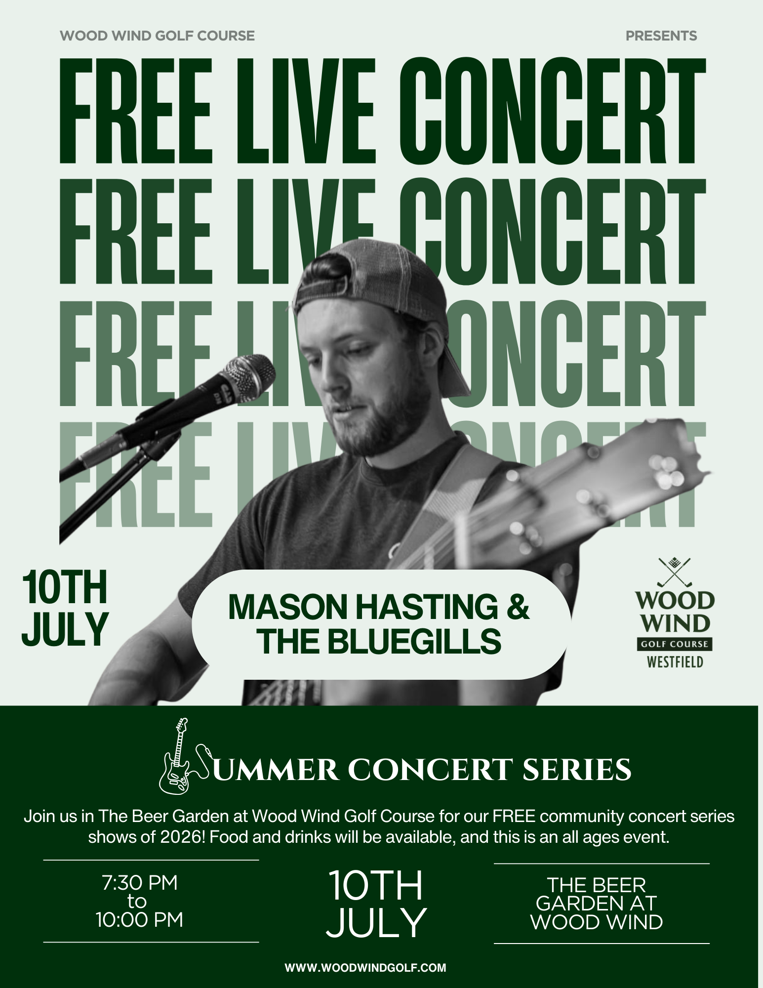 Free Live Music Summer Concert Series in The Beer Garden at Wood Wind Golf Course featuring Mason Hasting and The Bluegills