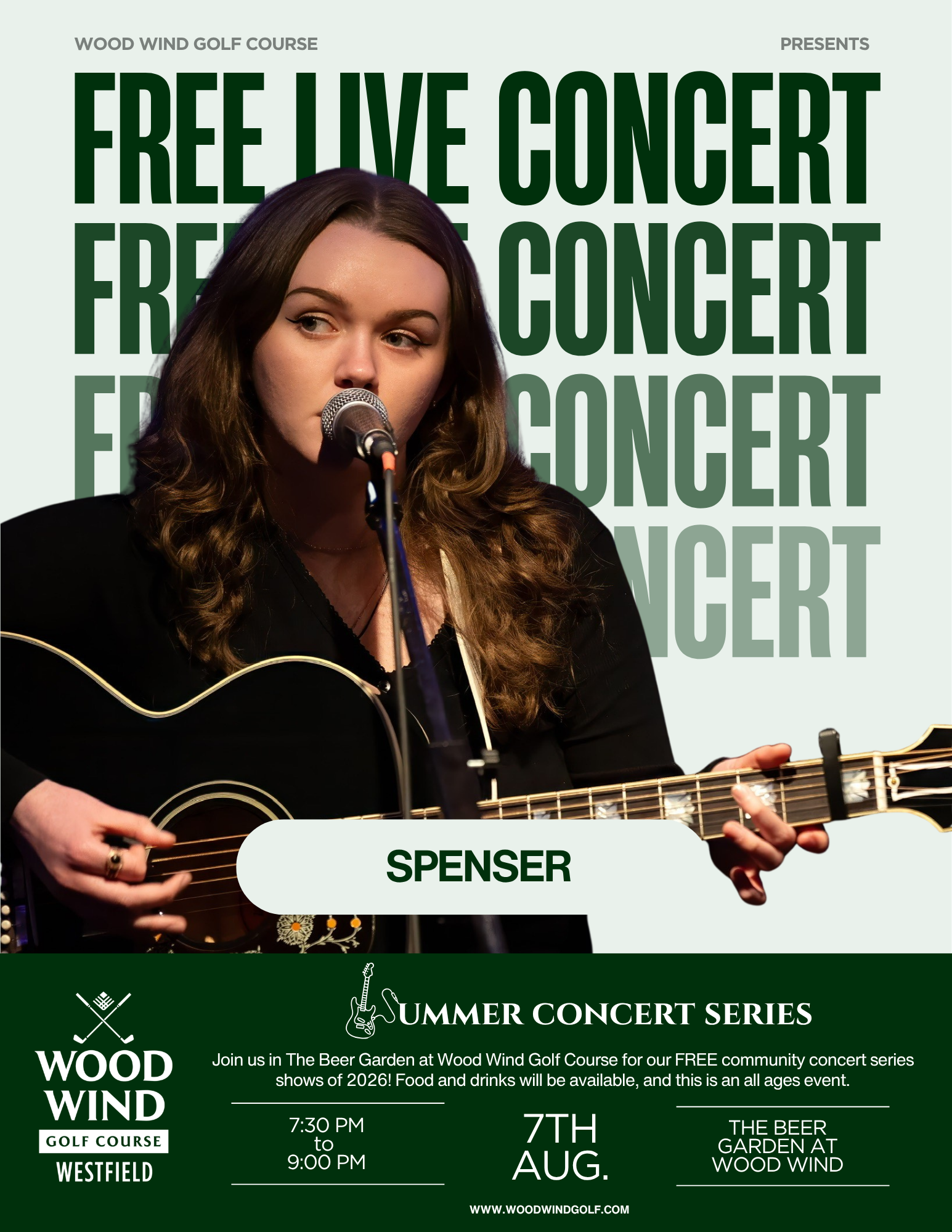 Free community concert at Wood Wind Golf Course August 7th featuring music from Spenser