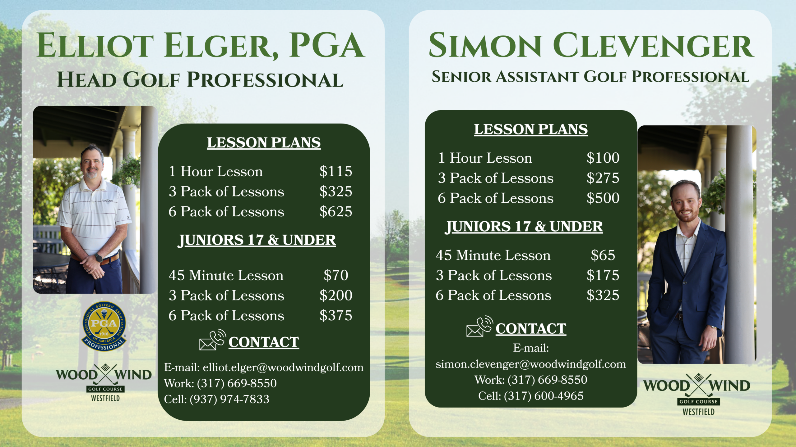 Golf Instruction packages for Wood Wind Golf Course Elliot Elger and Simon Clevenger PGA Professionals